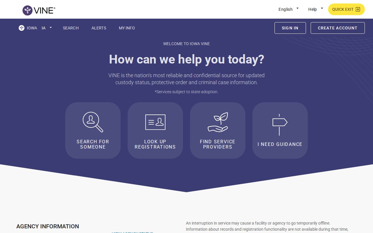 Iowa VINE Union County custody status and release alert page