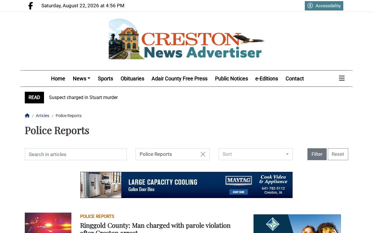 Creston News Police Reports section for Union County area coverage