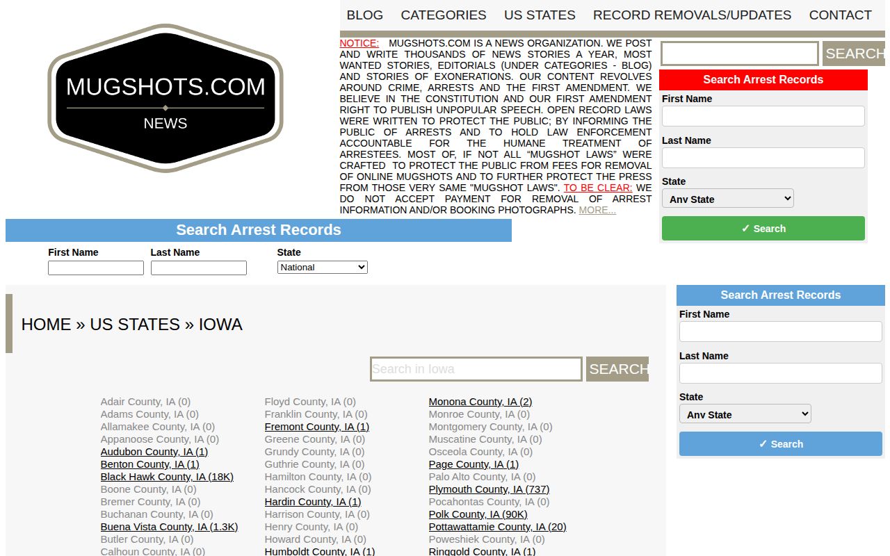 Mugshots.com Iowa index showing Union County with zero indexed records