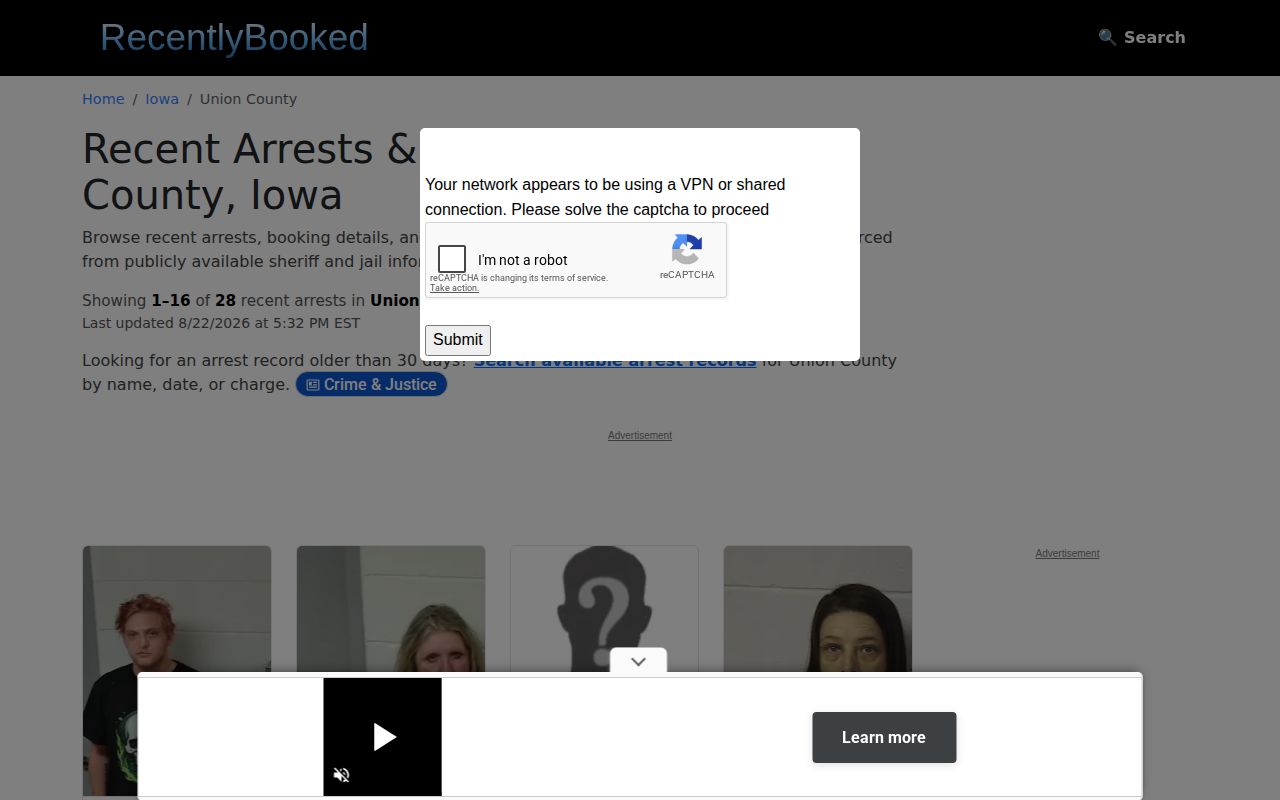Unofficial RecentlyBooked Union County Iowa page
